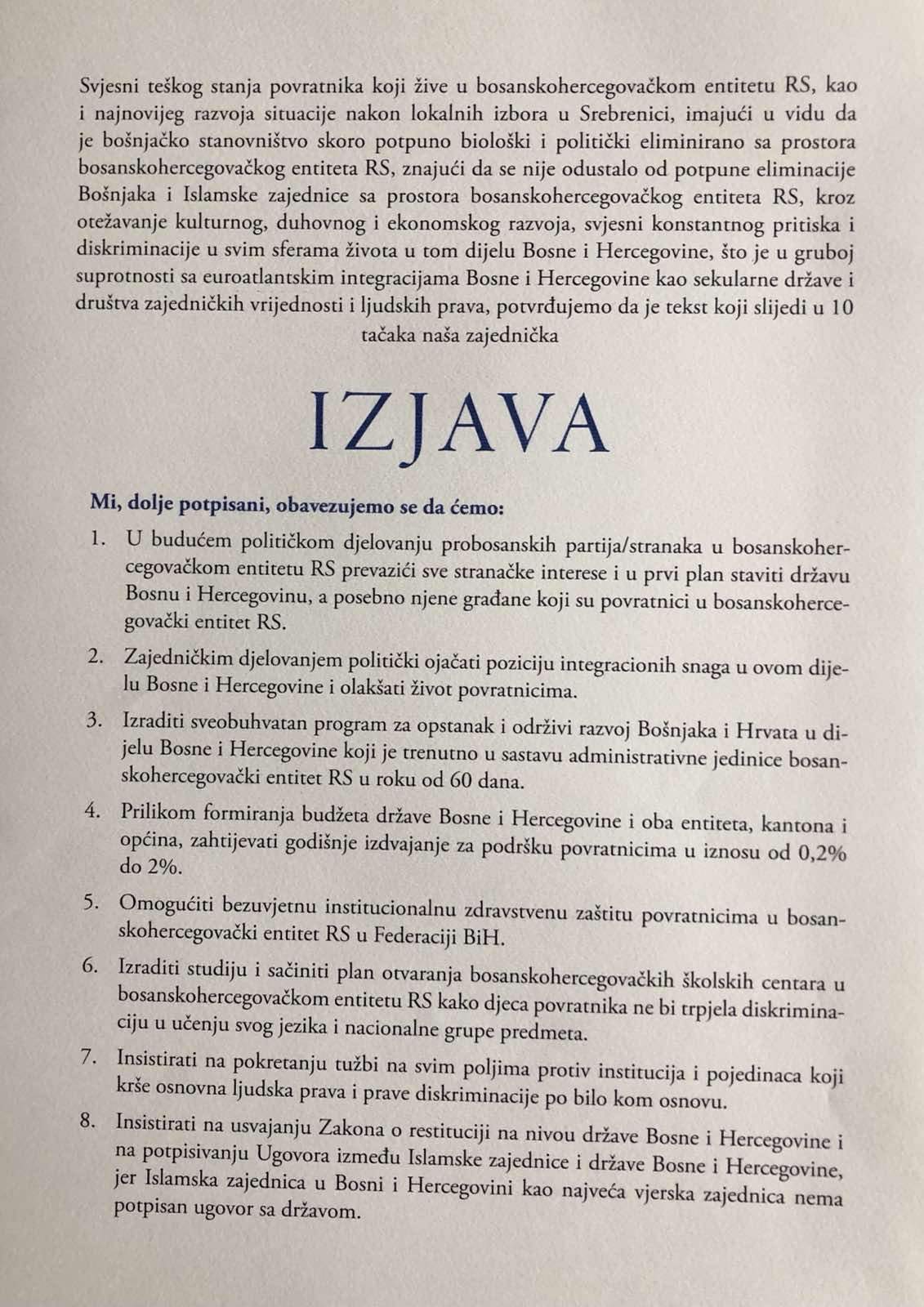 potpisnici izjave 1.jpg - Predstavnici političkih stranaka potpisali izjavu o položaju povratnika u Srebrenici